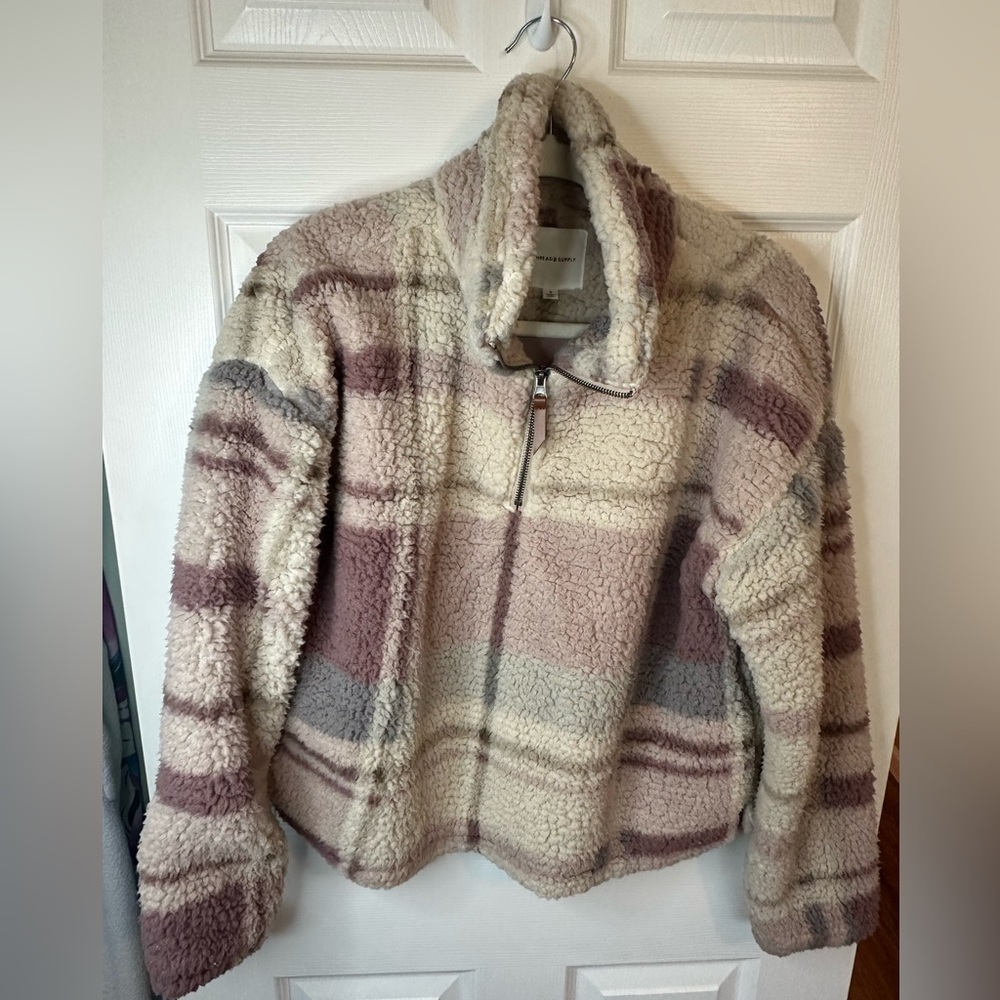 Thread & Supply Cream/Tan/Pink Striped Soft Sherpa Half Zip Pullover Size S GUC